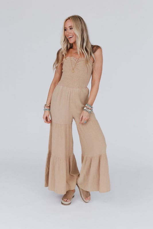 To The Sky Smocked Wide Leg Jumpsuit - Taupe