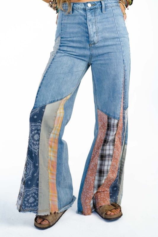 Goodnight Macaroon 'Josie' High-Waist Patchwork Denim Jeans L / Blue